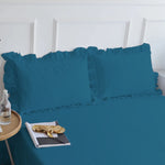 Fitted Sheet With Frilled Pillow Covers-Teal Blue