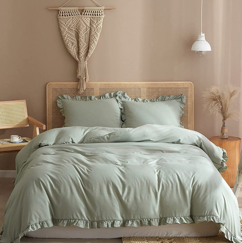Ruffle Edge Sage Green Cotton Satin Double Bed Duvet Set