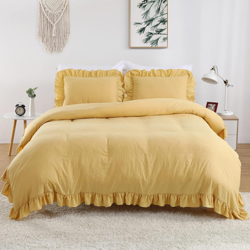 Ruffle Edge Yellow Cotton Satin Double Bed Duvet Set