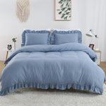 Ruffle Edge Blue Cotton Satin Double Bed Duvet Set