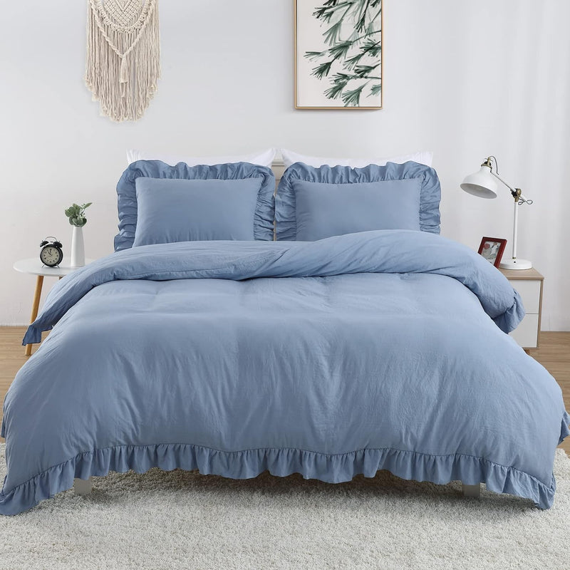 Ruffle Edge Blue Cotton Satin Double Bed Duvet Set