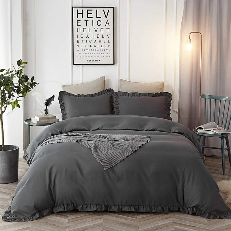 Ruffle Edge Charcoal Grey Cotton Satin Double Bed Duvet Set