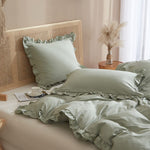 Ruffle Edge Sage Green Cotton Satin Double Bed Duvet Set