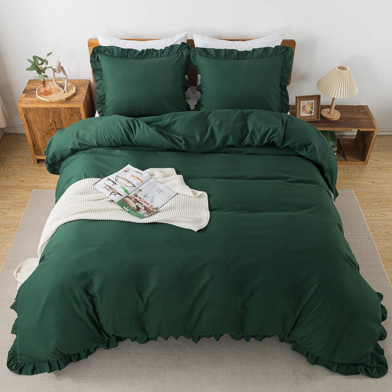 Ruffle Edge Dark Green Cotton Satin Double Bed Duvet Set