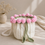 Crochet Pootli Bag ( Off white with Pink flawors)