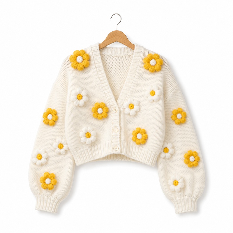 Daisy Bloom Hand-Knitted Cardigan(Cream)