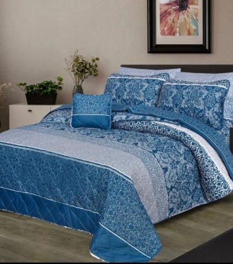 7 PCs Bed Spread Set- Sky Blue & Grey