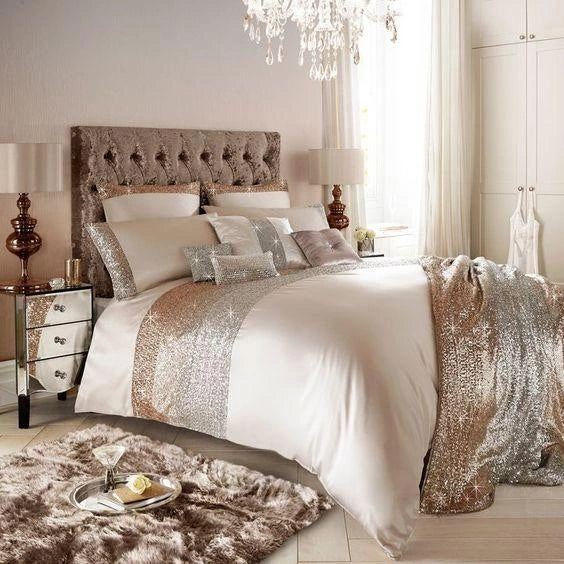 Cstomized Luxury Sequence Bridal Bedding Set-Beige With Golden Sequence