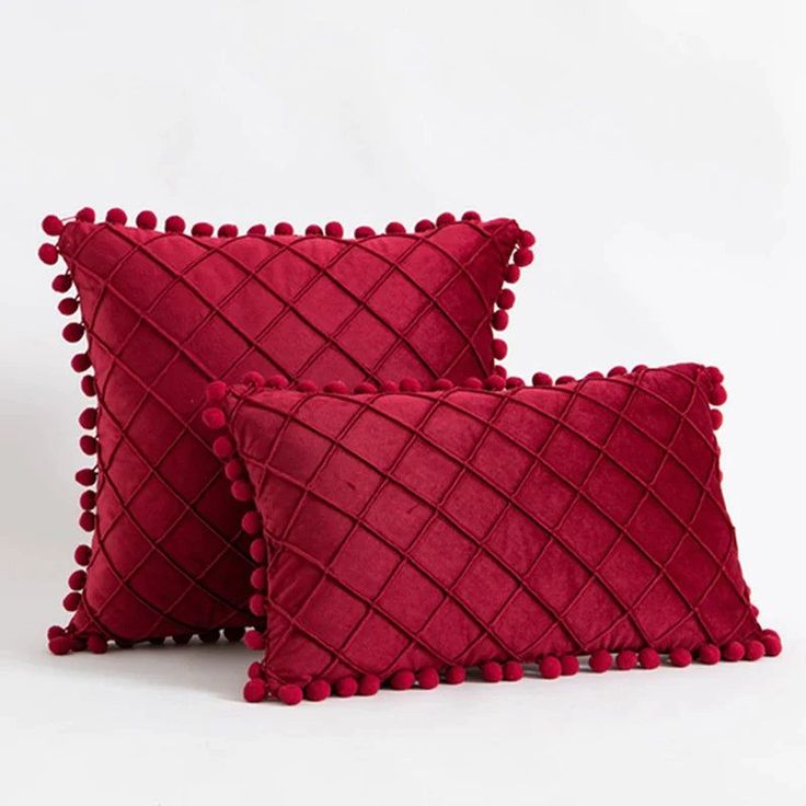 Pom Grid Delight - 2 PCS Plated Cushions Set Red