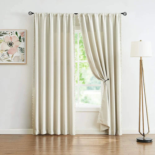 Pompom-Fringe Curtains (Beige)