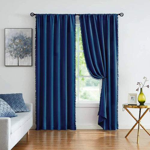 Pompom-Fringe Curtains (Blue)