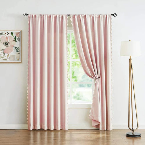 Pompom-Fringe Curtains (Light Pink)