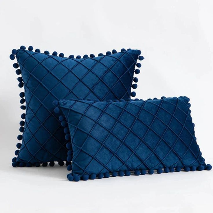 Pom Grid Delight - 2 PCS Plated Cushions Set Blue