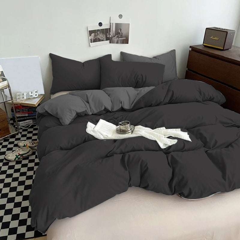 Plain Dyed Reversible Cotton Duvet Cover Set - Black & Charcoal Grey