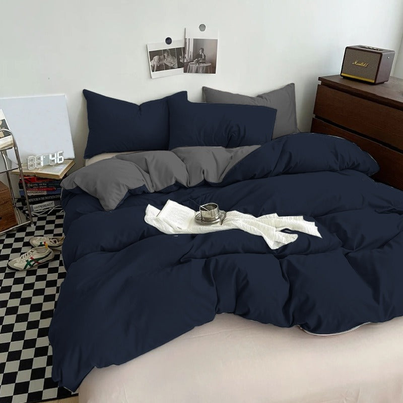 Plain Dyed Reversible Cotton Duvet Cover Set - Midnight Blue & Charcoal Grey