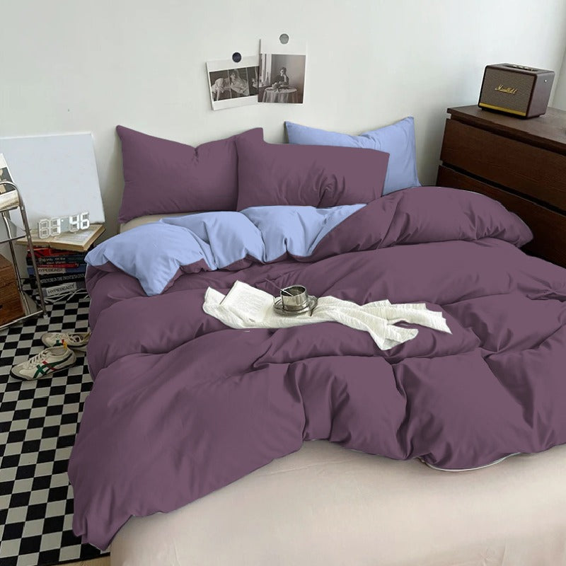 Plain Dyed Reversible Cotton Duvet Cover Set - Moderate Purple & Sky Blue