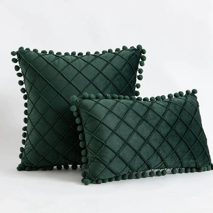 Pom Grid Delight - 2 PCS Plated Cushions Set Green