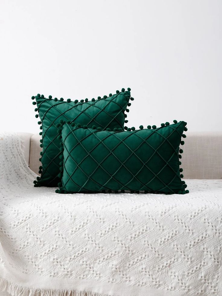 Pom Grid Delight - 2 PCS Plated Cushions Set Dark Green