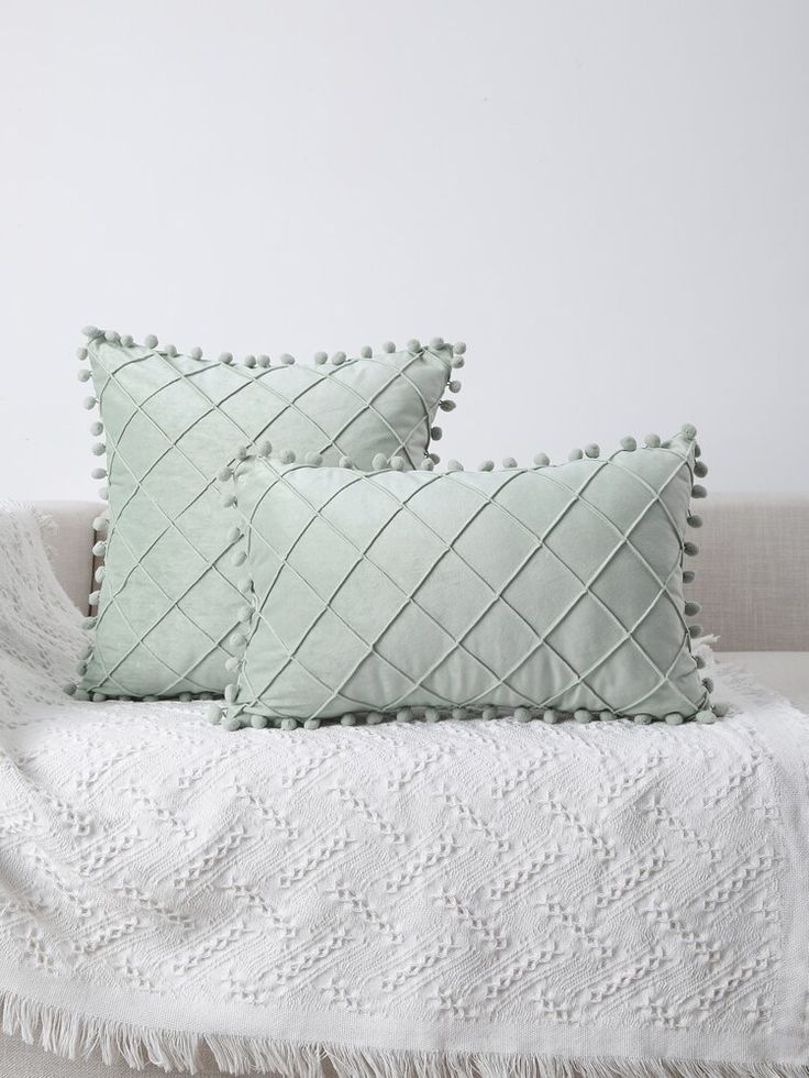 Pom Grid Delight - 2 PCS Plated Cushions Set Bright sea green