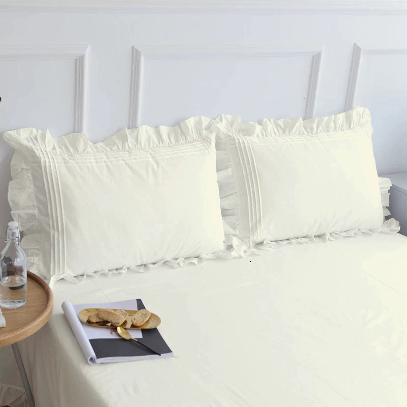Fitted Sheet With Frilled Pillow Covers-Dove White