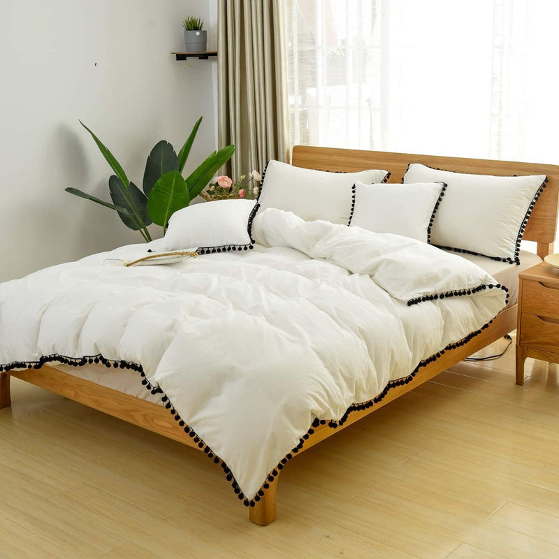White & Black Pom-Fringe Cotton Satin Duvet Set