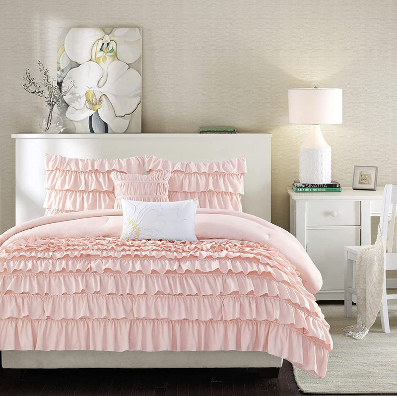 Tea Pink Ruffle Cotton Satin Duvet Cover Set