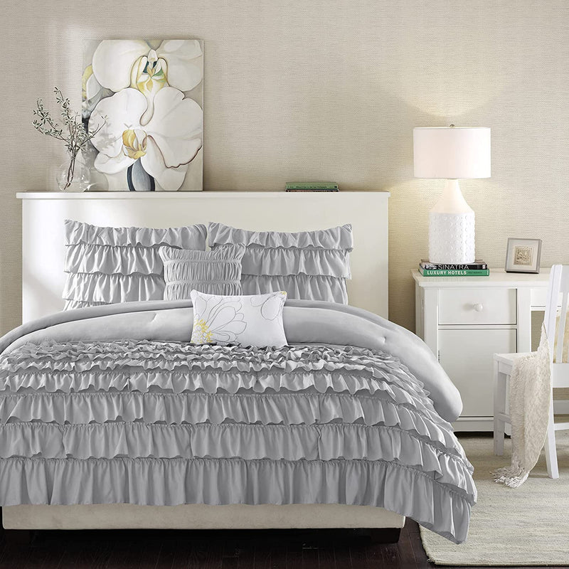Grey Ruffle Cotton Satin Duvet Cover Set