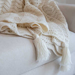Eden-Hand Knitted Crochet Throw with Tassels-Off White