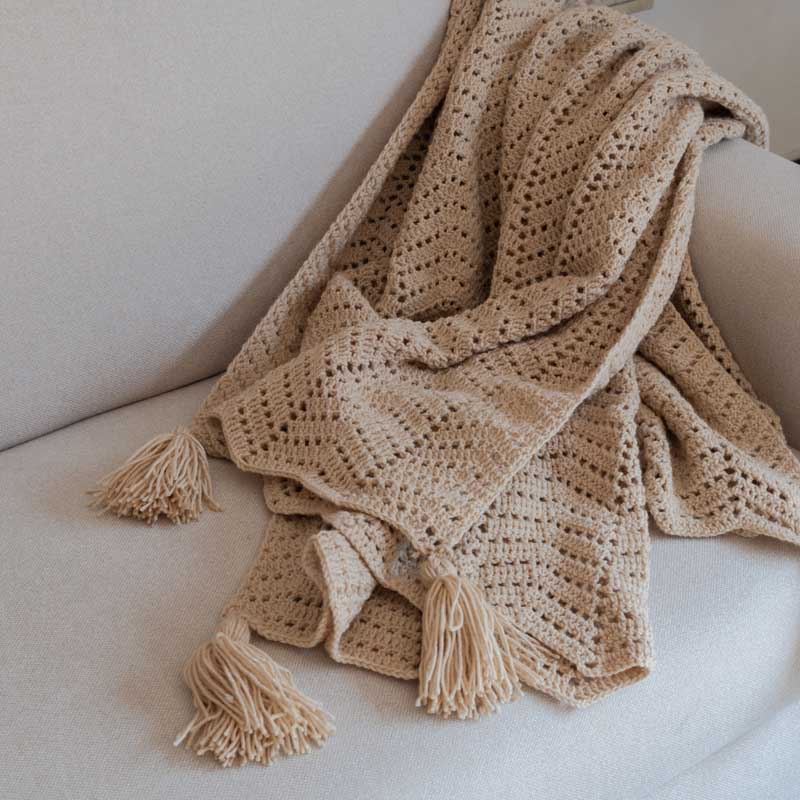 Eden-Hand Knitted Crochet Throw with Tassels-Beige