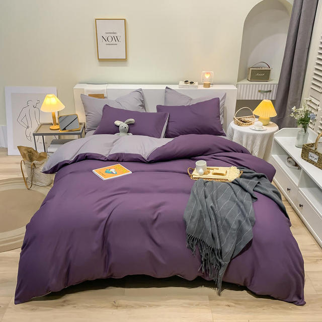 Plain Dyed Cotton Duvet Cover (Purple/Grey)