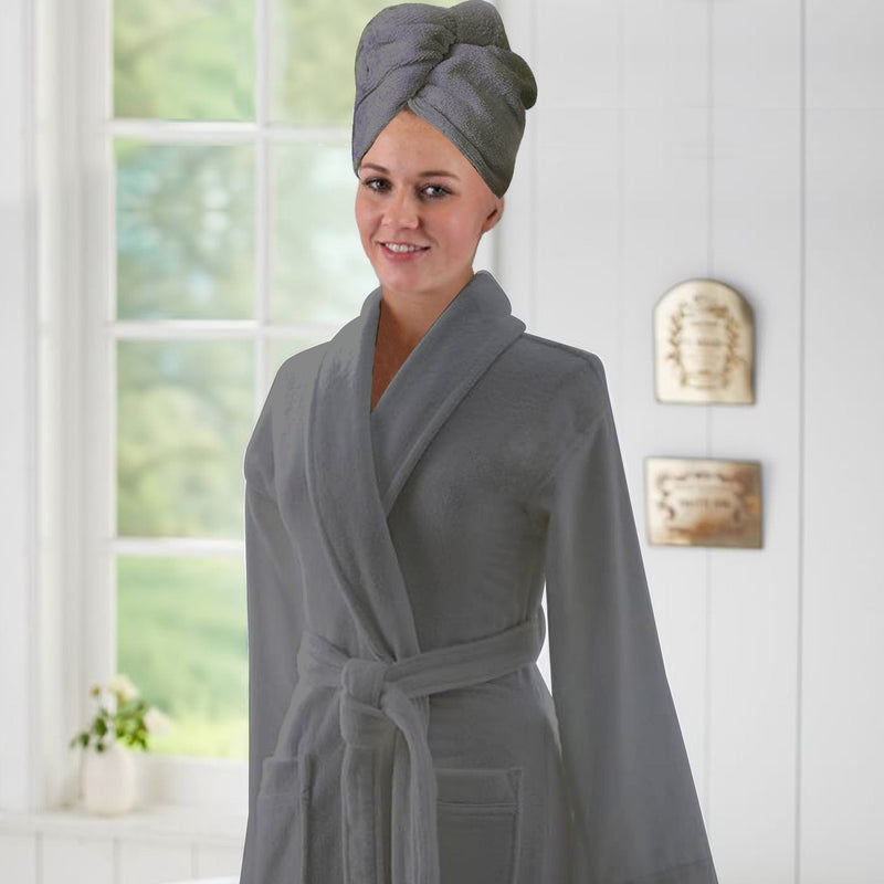 grey bathrobe with grey hair wrapper
