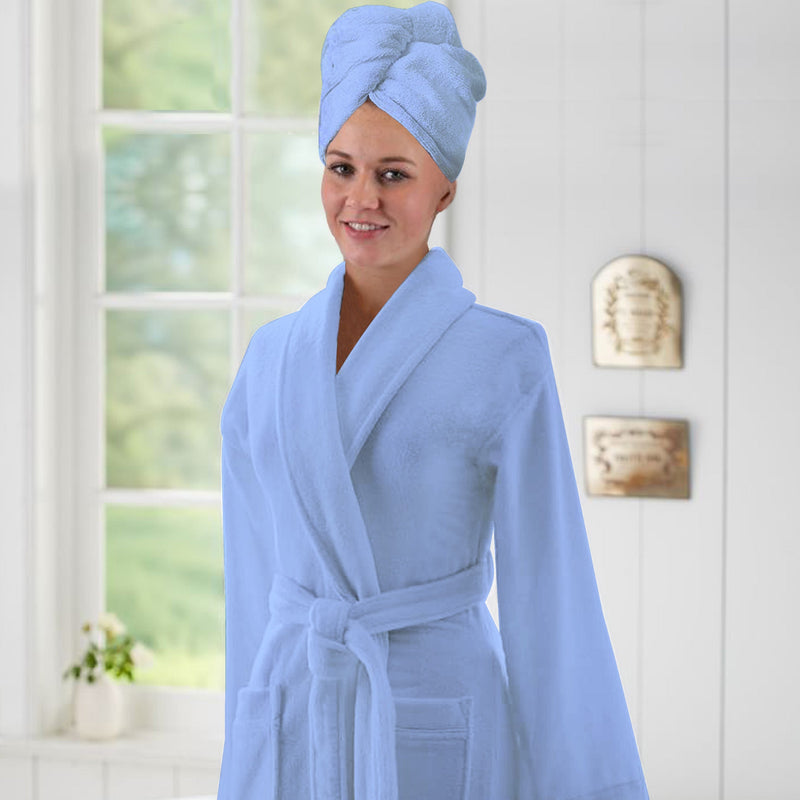 blue bathrobe with blue hair wrapper Bathrobe with Hair Wrapper Sky-Blue