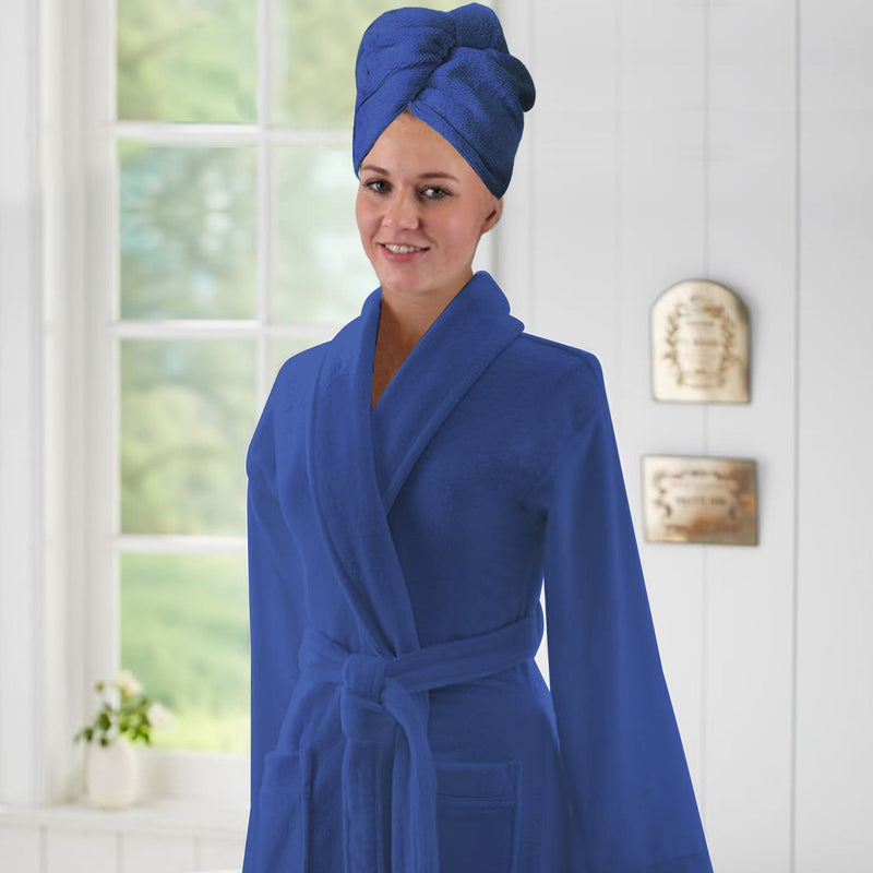 blue bathrobe with blue hair wrapper Bathrobe with Hair Wrapper - Royal Blue