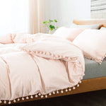 Tea Pink Pom-Fringe Cotton Satin Duvet Set