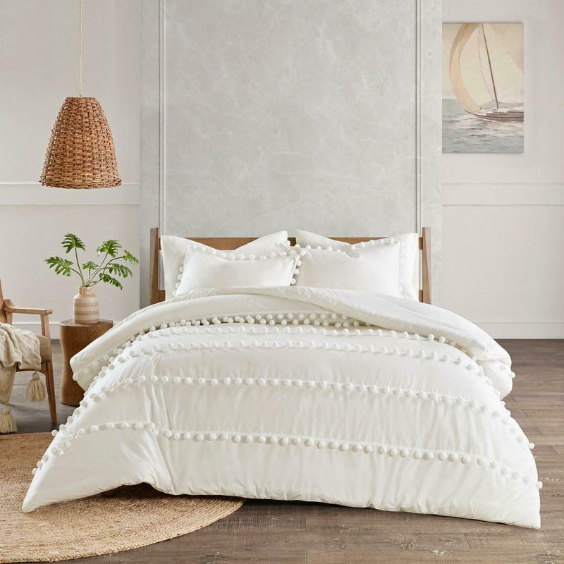 Boho Pom-Pom Cotton Satin Duvet Cover Set