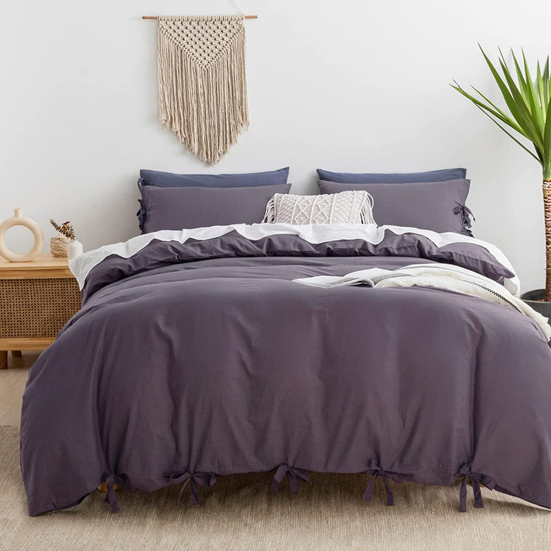 Purple Bowknot Cotton Satin Duvet Set