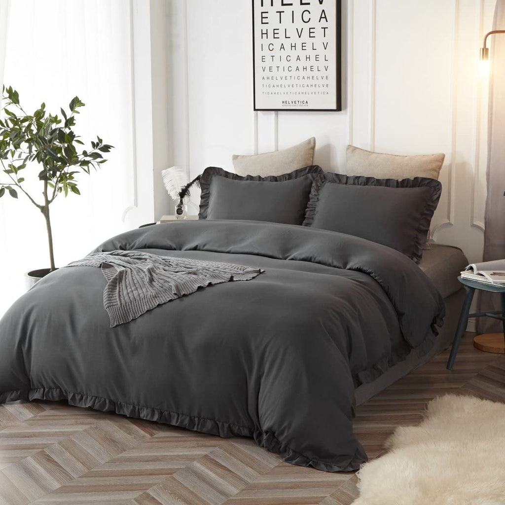 Ruffle Edge Charcoal Grey Cotton Satin Double Bed Duvet Set – Premia Home