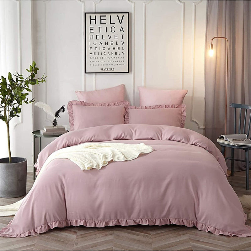 Ruffle Edge Blush Cotton Satin Double Bed Duvet Set