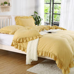 Ruffle Edge Yellow Cotton Satin Double Bed Duvet Set