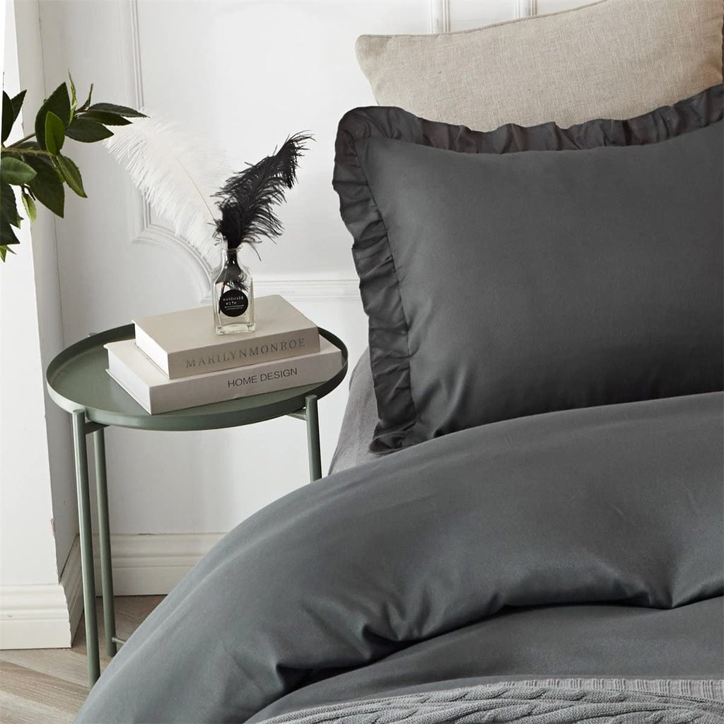 Ruffle Edge Charcoal Grey Cotton Satin Double Bed Duvet Set – Premia Home