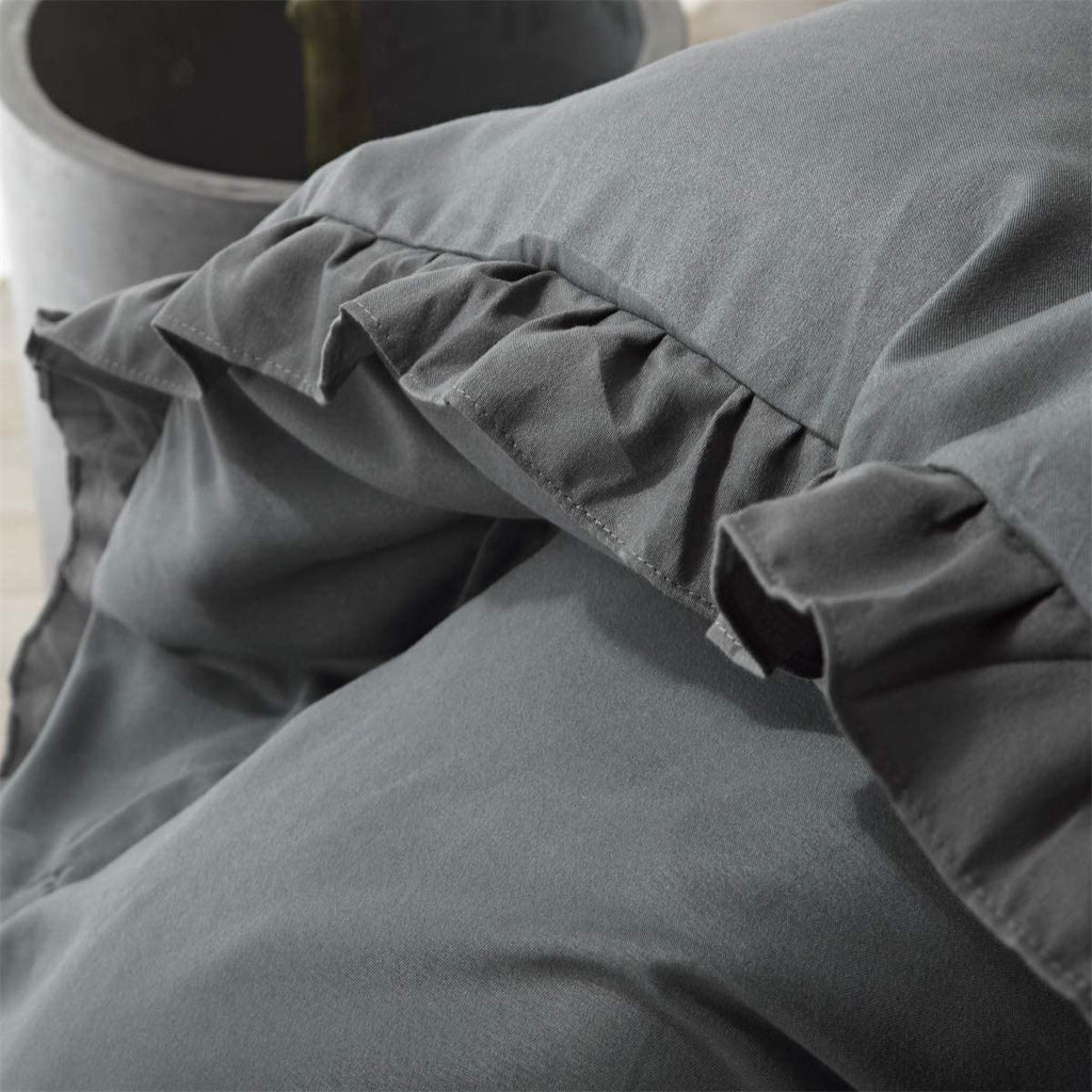 Ruffle Edge Charcoal Grey Cotton Satin Double Bed Duvet Set – Premia Home