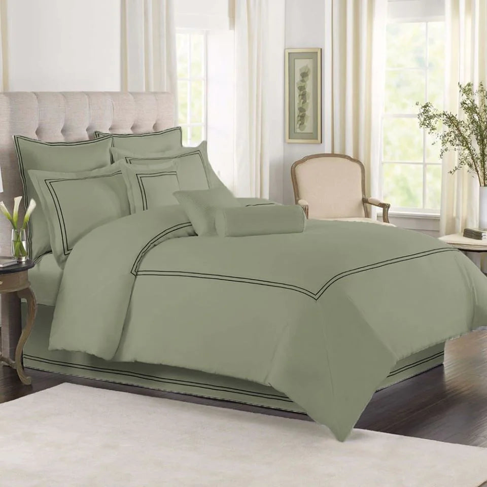 Luxury cotton Satin Baratta Duvet Cover Set (Light Olive with Dark Gre ...