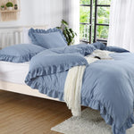 Ruffle Edge Blue Cotton Satin Double Bed Duvet Set