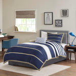 Chezmoi Blue & Khaki Hotel Style Cotton Satin Duvet Set
