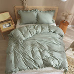 Ruffle Edge Sage Green Cotton Satin Double Bed Duvet Set