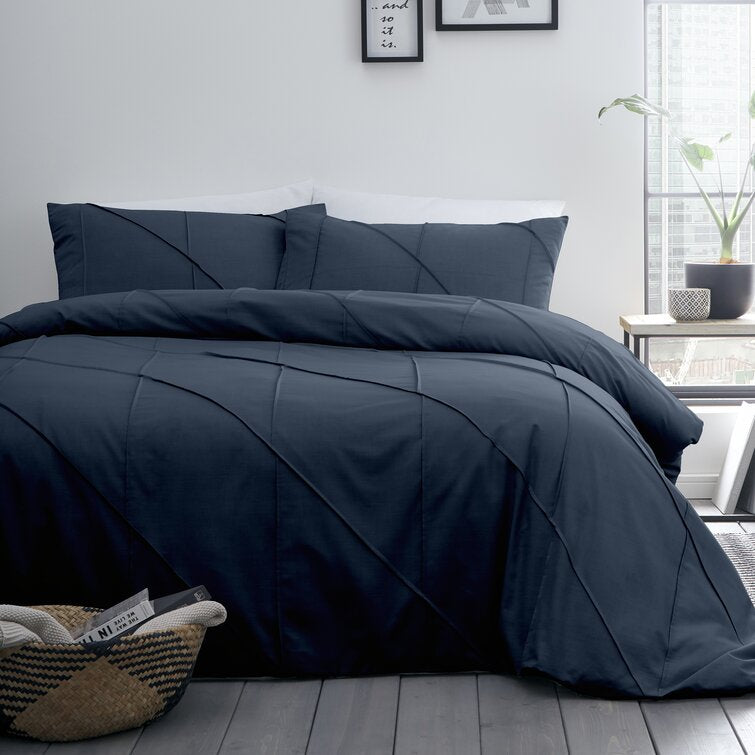 Abana Navy Pleated Cotton Satin Double Bed Duvet Set