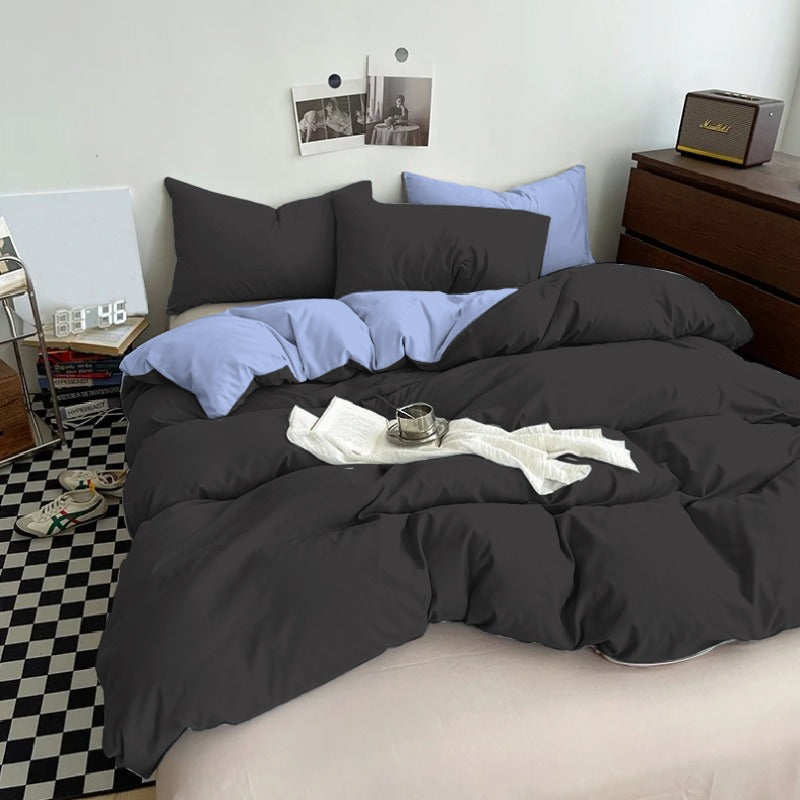 Plain Dyed Reversible Cotton Duvet Cover Set - Black & Sky Blue