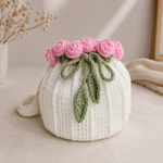 Crochet Pootli Bag ( Off white  with Pink flawors)