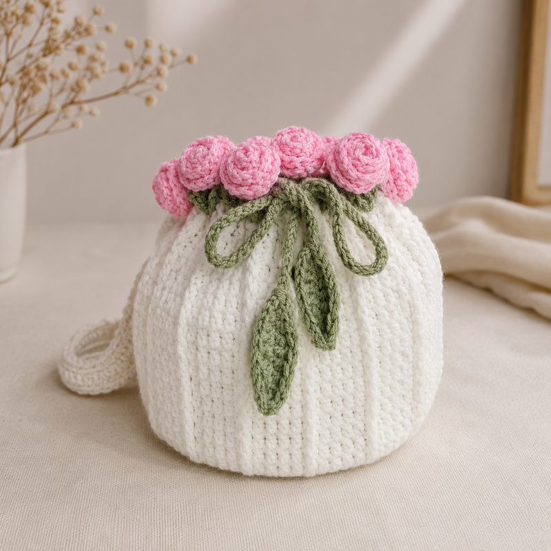 Crochet Pootli Bag ( Off white  with Pink flawors)