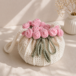Crochet Pootli Bag ( Off white  with Pink flawors)
